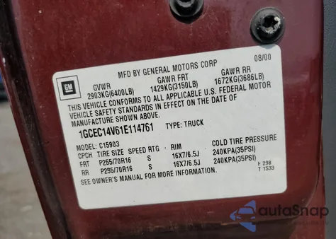 2001 Chevrolet Silverado C1500 z USA, uszkodzony, nr VIN 1GCEC14V61E114761